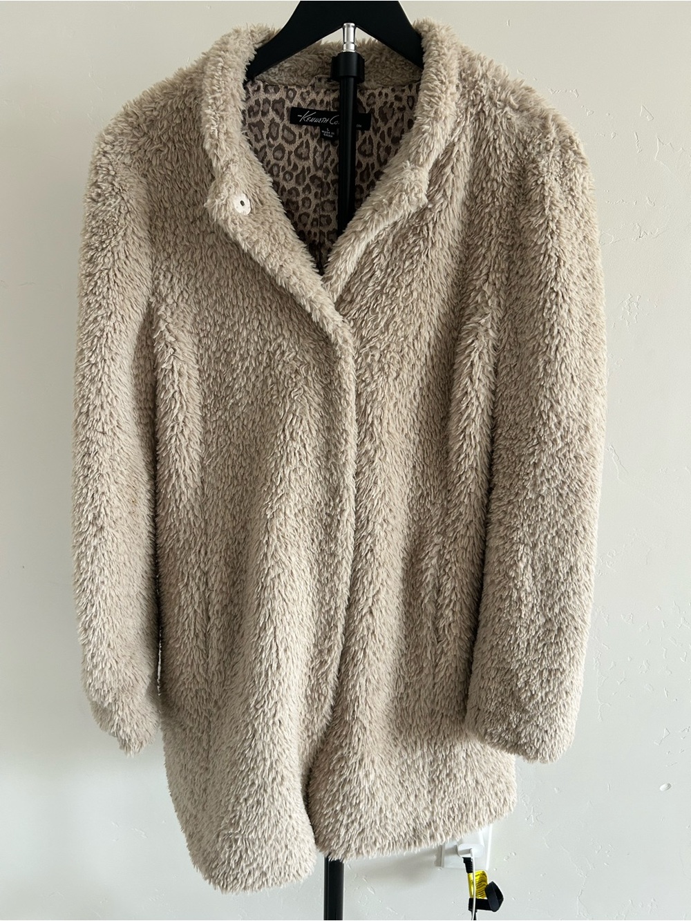 Kenneth Cole New York Beige Faux Fur Coat Leopard Lining Size L